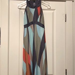Gently used Prana multicolored maxi dress with built in interior shelf bra.